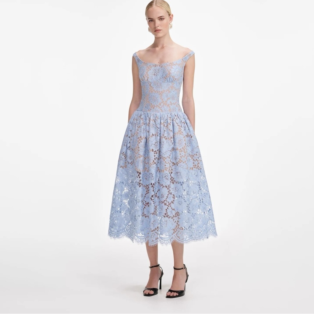 NWT- Self-Portrait Blue Midi Dress in Floral Lace